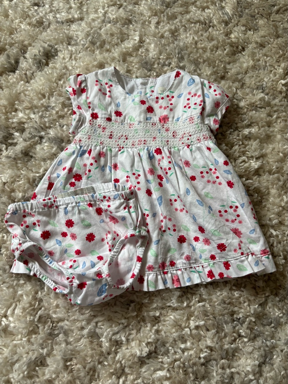 White Baby Dress with Red & Blue Floral Print and Matching Bloomers